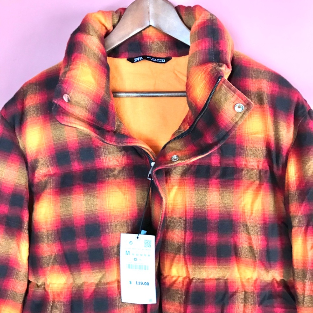 Zara Jacket Mens Plaid Puffer Flannel Orange Black, Red, Street Wear Y2K M - Picture 5 of 13